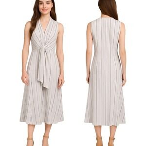 Tahari Linen Blend‎ Striped Maxi Dress Sleeveless Tie Waist Casual Elegant M New
